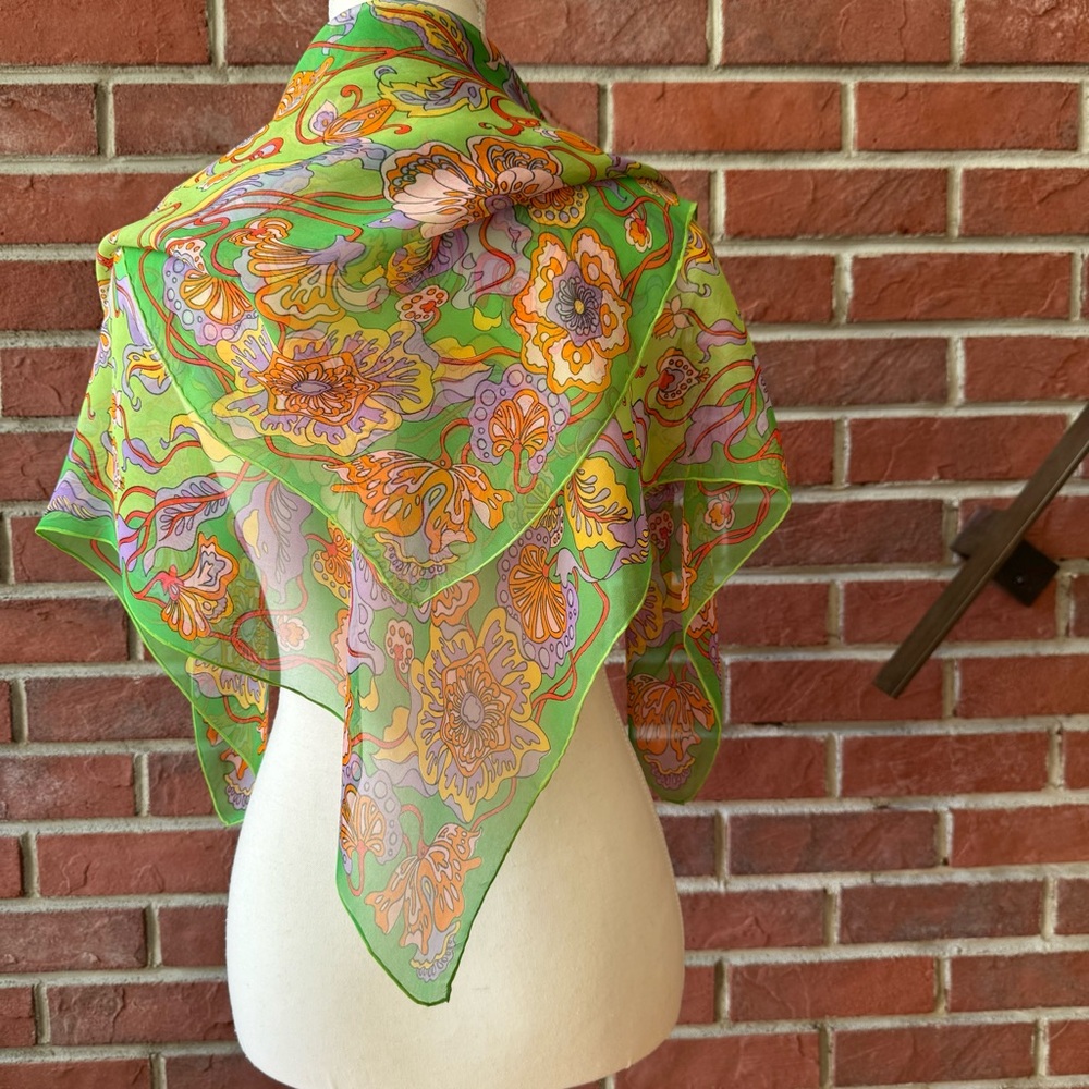 Silk Floral Multicolor Graphic Hand-rolled Scarf 31”x31”